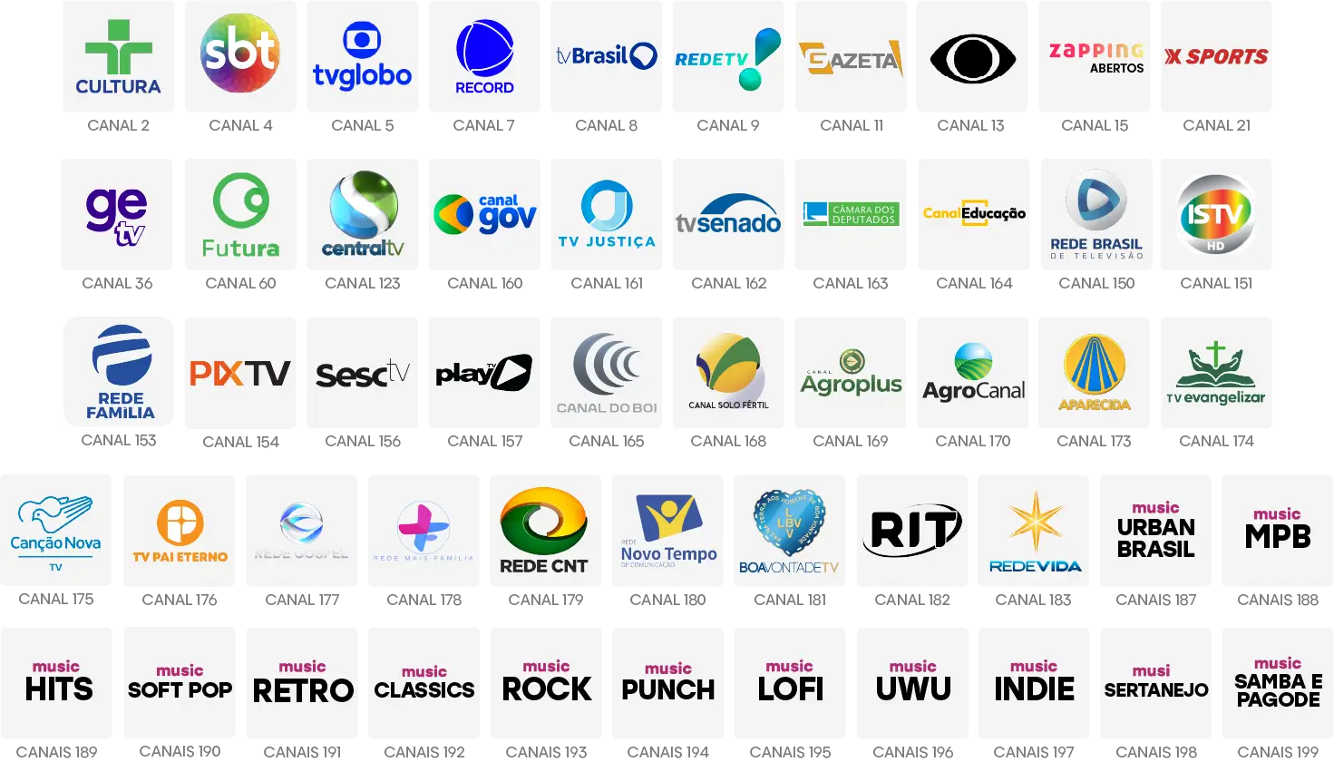 Grade de canais do Pacote TV Lite